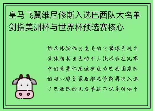 皇马飞翼维尼修斯入选巴西队大名单剑指美洲杯与世界杯预选赛核心